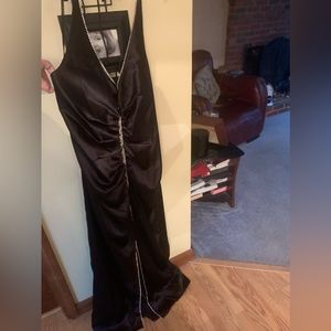 Ruched satin floor length halter with high front slit and rhinestones